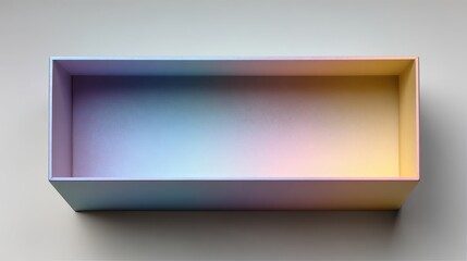 Empty Open Rectangular Box with Pastel Gradient Interior from Purple to Blue to Yellow on Light Gray Background.