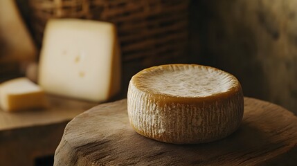 Round Pale Yellow Cheese on Rustic Wooden Board round cheese