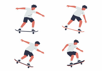 Obraz premium Dynamic illustrations of a young man skateboarding in various poses, depicting action and movement in a flat design style.