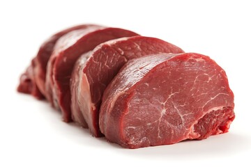 Obraz premium Raw beef steaks, sliced and ready for cooking, isolated on white background