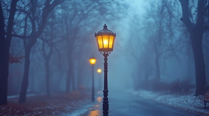 Foggy park path with vintage lamp posts