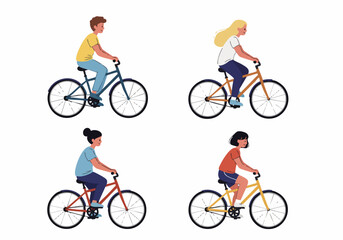 Fototapeta premium Diverse group of people cycling on bicycles, showcasing active lifestyles and eco-friendly transportation, isolated vector illustration.