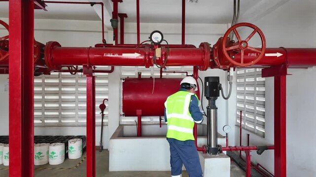 Fire protection system inspection with engineer in safety helmet and vest ensuring compliance and maintenance of red pipes and valves in industrial facility safety