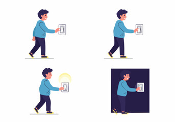 Young Man Turning Light On and Off Sequence: From Brightness to Darkness, Energy Control Illustration.