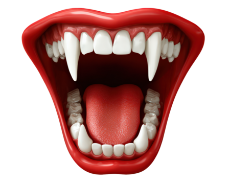 Vampire fangs mouth open wide, red lips, sharp teeth, tongue visible, scary Halloween costume accessory, horror clipart, isolated on transparency background - Powered by Adobe