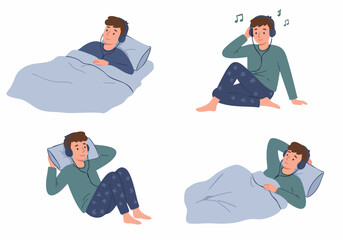 Collection of illustrations depicting a young man relaxing at home and enjoying music with headphones, shown in various comfortable positions in bed and sitting.