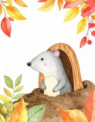 Adorable Mole Emerging from Burrow Surrounded by Colorful Autumn Leaves, Illustrative Nature Art