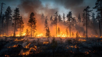 Forest ablaze in fiery inferno.  Flames engulf undergrowth, rising around tall pines in dramatic sunset