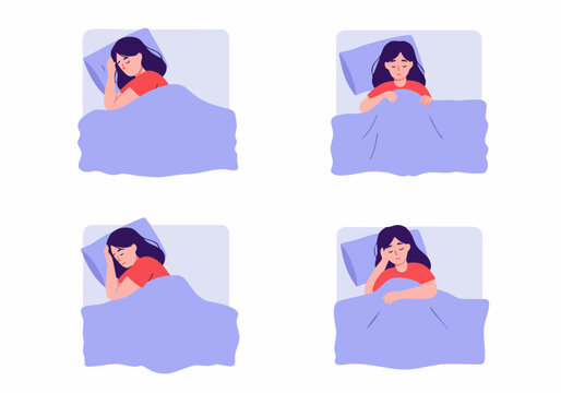 Woman in bed, depicting various sleep states from restful slumber to restless insomnia, on a white background.