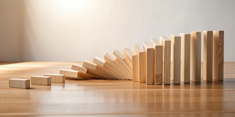 Wooden blocks cascading on a smooth surface, representing a chain reaction or a domino effect