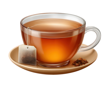 Glass cup of hot tea with tea bag on saucer, warm beverage, relaxing mood, transparent mug, herbal drink, everyday refreshment, isolated on transparency background