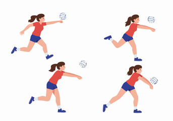 Dynamic vector illustrations of a female volleyball player performing various actions like passing, serving, and receiving the ball, isolated on white.