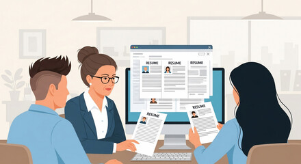 Business Interview Scene with Woman and Two Candidates Reviewing Resumes in Modern Office