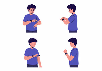 Set of illustrations depicting a young man engaging with his smartwatch in various poses, showcasing modern digital interaction and wearable technology.