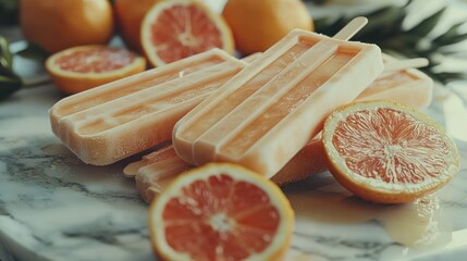 Fresh grapefruit popsicles on a marble surface, surrounded by sliced grapefruit