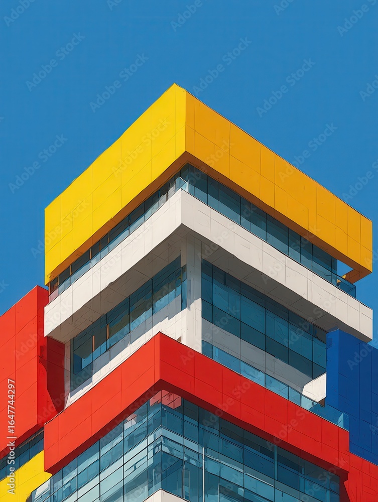 Poster the modern building features a facade with bold geometric color blocks in yellow red and blue its un