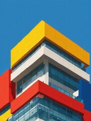 the modern building features a facade with bold geometric color blocks in yellow red and blue its unique architectural design is striking and innovative