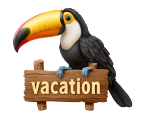 Toucan bird jungle tropical vacation wooden sign cartoon colorful wildlife cheerful perched illustration nature summer adventure rainforest beak animal travel exotic happy playful forest feather