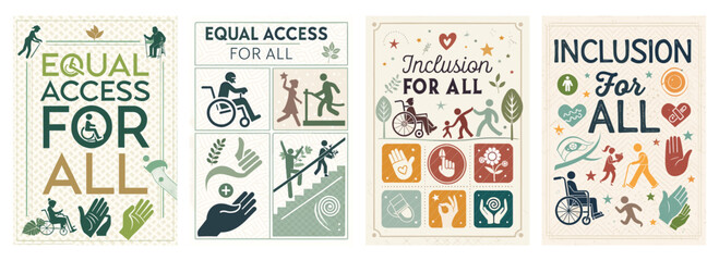 Illustrative posters promoting equal access and inclusion for all individuals, showcasing diverse activities.
