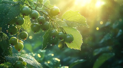 Fresh green berries on a branch, bathed in morning sunlight.  Dew drops cling to leaves and fruit.  Blurred background of lush foliage
