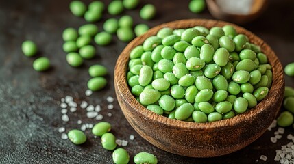 Fresh green beans in a wooden bowl on a dark surface.  Scattered beans and sea salt are visible