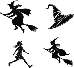 Halloween witches flying on broomsticks and witch hat in black silhouette style