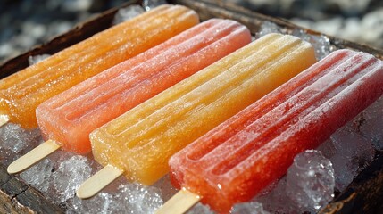 Four vibrant popsicles, orange and pink, on ice
