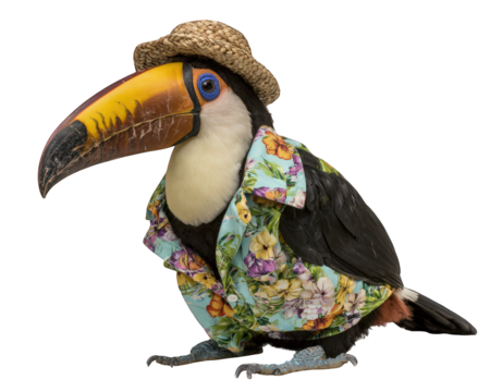 Toucan wearing tropical shirt and straw hat, colorful bird, photo realistic, cheerful, exotic animal, summer vacation, isolated on transparency background