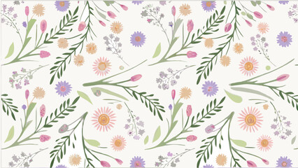 Fototapeta premium Seamless floral pattern with pastel flowers and green leaves, delicate spring botanical design for fabric, wallpaper, wrapping, and decor