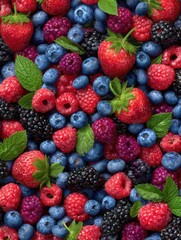 creative food summer berry fruit banner panorama wallpaper seamless pattern texture  top view of many fresh berries blueberries raspberries blackberries strawberries and leaves generative ai