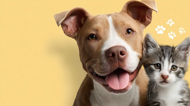Dog and cat duo making silly face in yellow backdrop for comic pet pairing Image 4K UHD