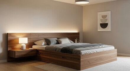 Modern bedroom interior with a minimalist design featuring a wooden bed frame and soft lighting creating a cozy and inviting atmosphere