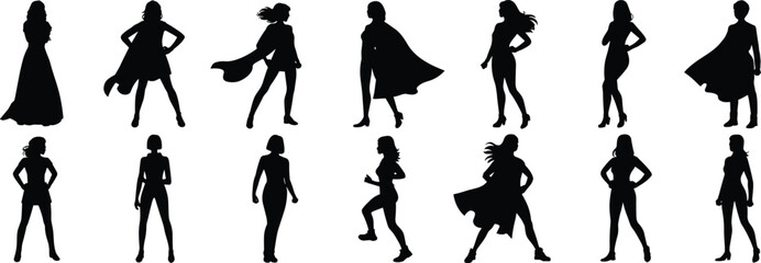 Strong female superhero silhouettes vector set, confident woman poses, powerful female figures with cape, woman empowerment illustration, vector superhero woman collection