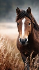 Obraz premium Beautiful brown horse standing gracefully in a golden field during early morning light