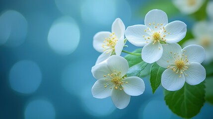 Obraz premium Close - up of Delicate White Flowers with Green Leaves on a Soft Blue Bokeh Background 