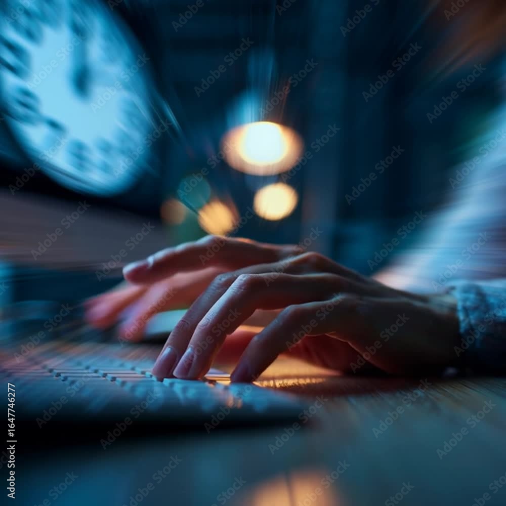 Poster hands rapidly typing on a keyboard with a clock showing late night hours
