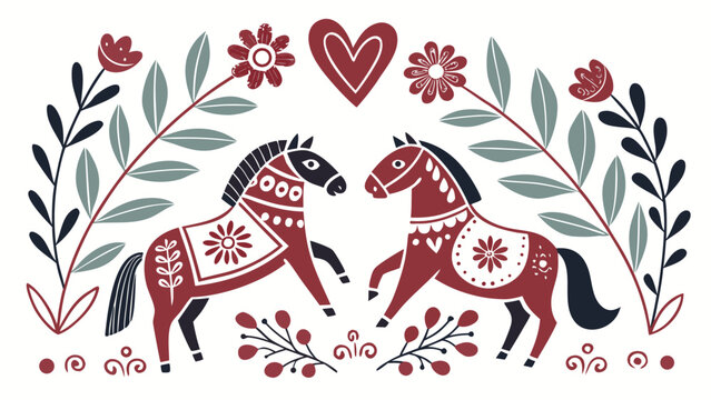 Fototapeta Folk Art Horse Illustration – Scandinavian Decorative Design with Floral Elements and Heart Motif, Rustic Boho Style for Prints and Home Decor