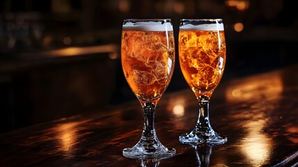 Two Glasses of Amber Beer with Swirling Foam-Two tall stemmed glasses filled with amber beer sit on a polished bar counter, the liquid showing swirling foam patterns under warm, moody lighting.