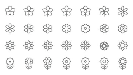 Minimal flower icons set, outline floral shapes with leaves, decorative blossom symbols for botanical design, patterns, and vector art