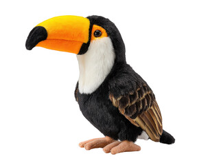 Naklejka premium Toucan plush toy stuffed bird soft black and white animal orange beak cute children gift isolated playful realistic adorable decorative
