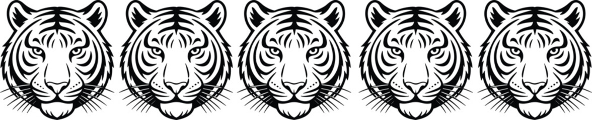Tiger head vector illustration in black and white, fierce jungle animal face design, tribal tattoo style, perfect for logo, art, and print