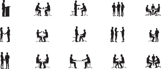 Silhouette Set of Corporate leadership and teamwork icons, including leaders giving speeches, team members brainstorming, handshake deals, and group discussions