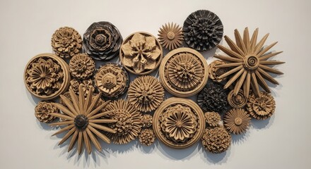 Collection of handcrafted circular ornaments with intricate patterns creating a textured wall display