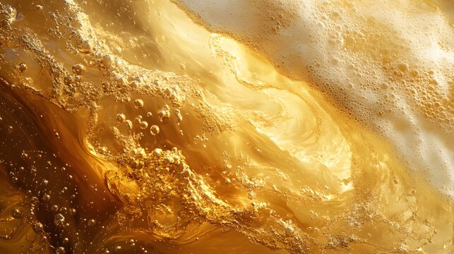 Close-Up of Beer Foam and Bubbles-Detailed macro shot of golden beer swirling with foam and carbonation bubbles, capturing the refreshing texture and movement.