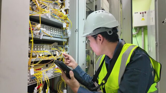 Network technician performing detailed inspection on fiber optic cable and server equipment in server room using tablet and tools with safety helmet and vest ensuring safety compliance