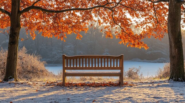 Frosty morning park bench under autumn trees