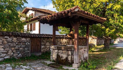 Picturesque rural scene with old stone well and traditional house