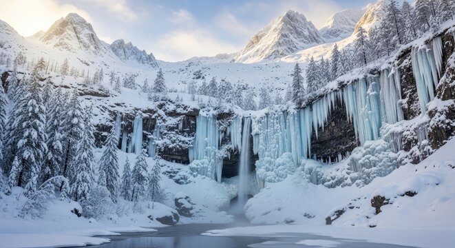 Majestic frozen waterfall surrounded by snow-covered trees and icy formations in a serene winter mountain landscape.