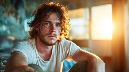 A contemplative young man with tousled hair gazes thoughtfully into the distance, illuminated by warm sunlight in a cozy room, capturing introspective moments in life.
