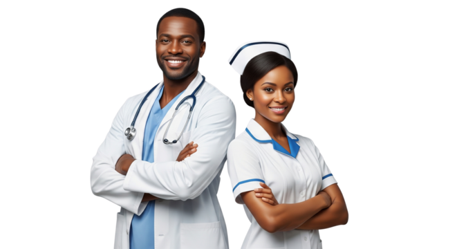 doctor and nurse showing pride in his profession or job, arms crossed, isolated on a transparent background, a professional African American doctor with a Stethoscope and Midwife uniform image 